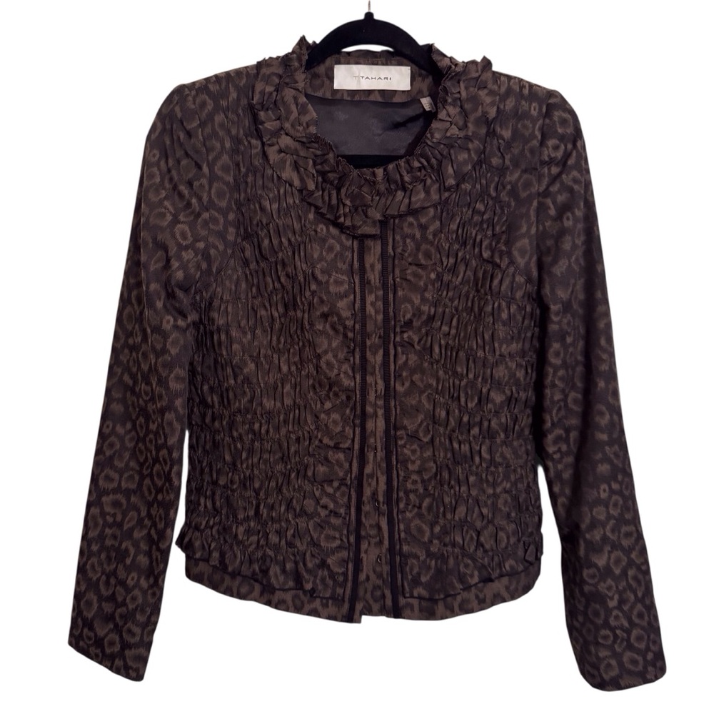 Tahari Size 4 Brown Animal Leopard Print Jacket Ruffle Smock Casual Long Sleeve